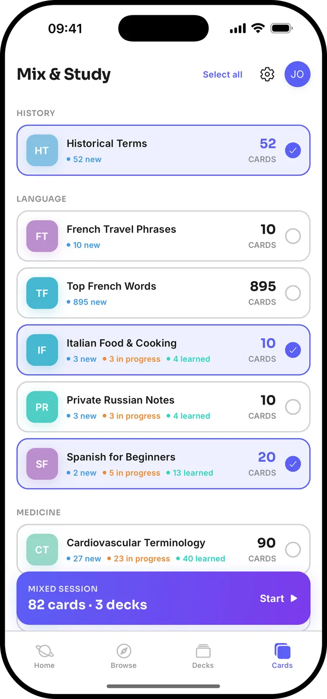 All cards with filters and mixed study session