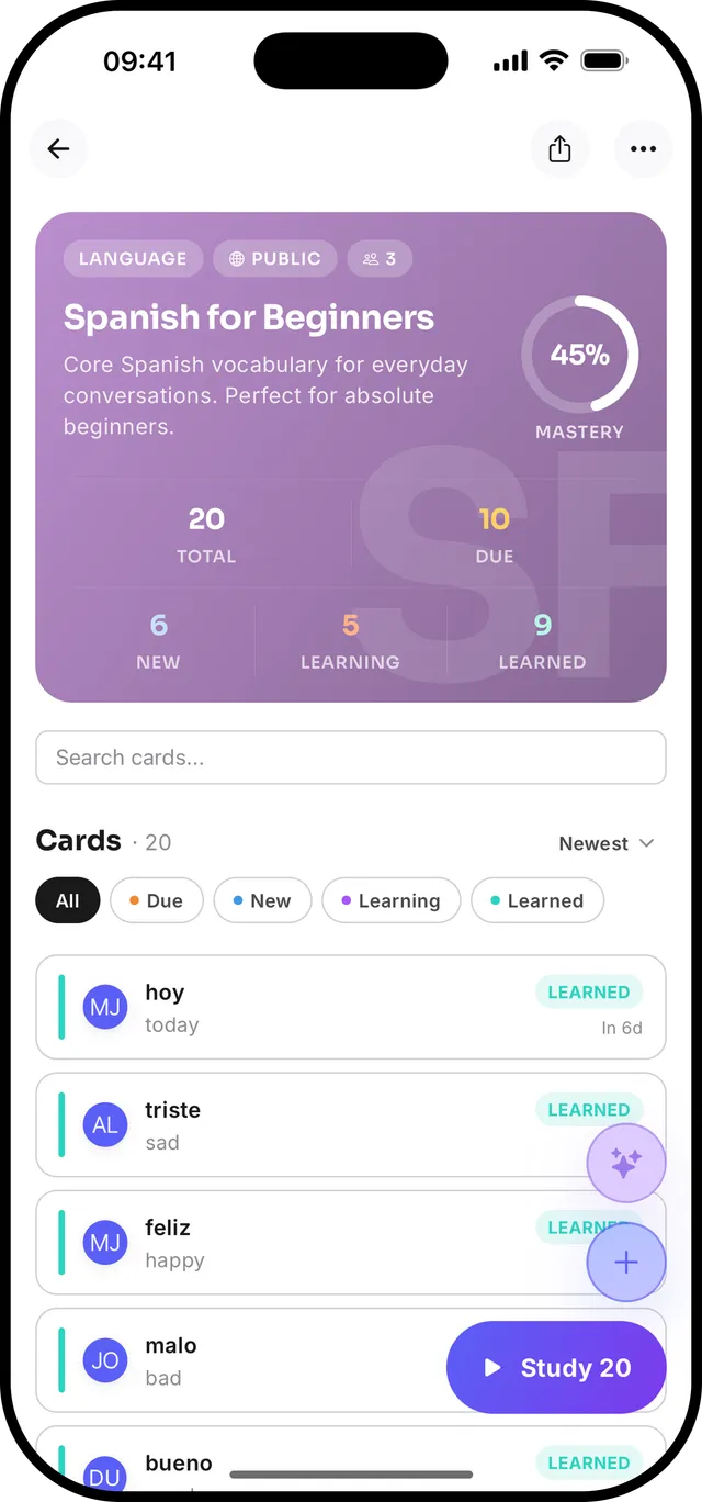 Deck detail with mastery progress ring